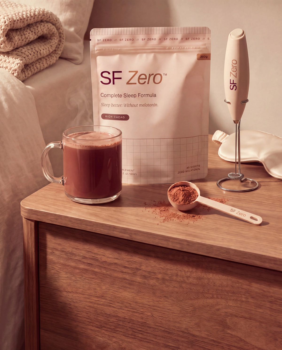 SF Zero cacao ritual on a bedside table
