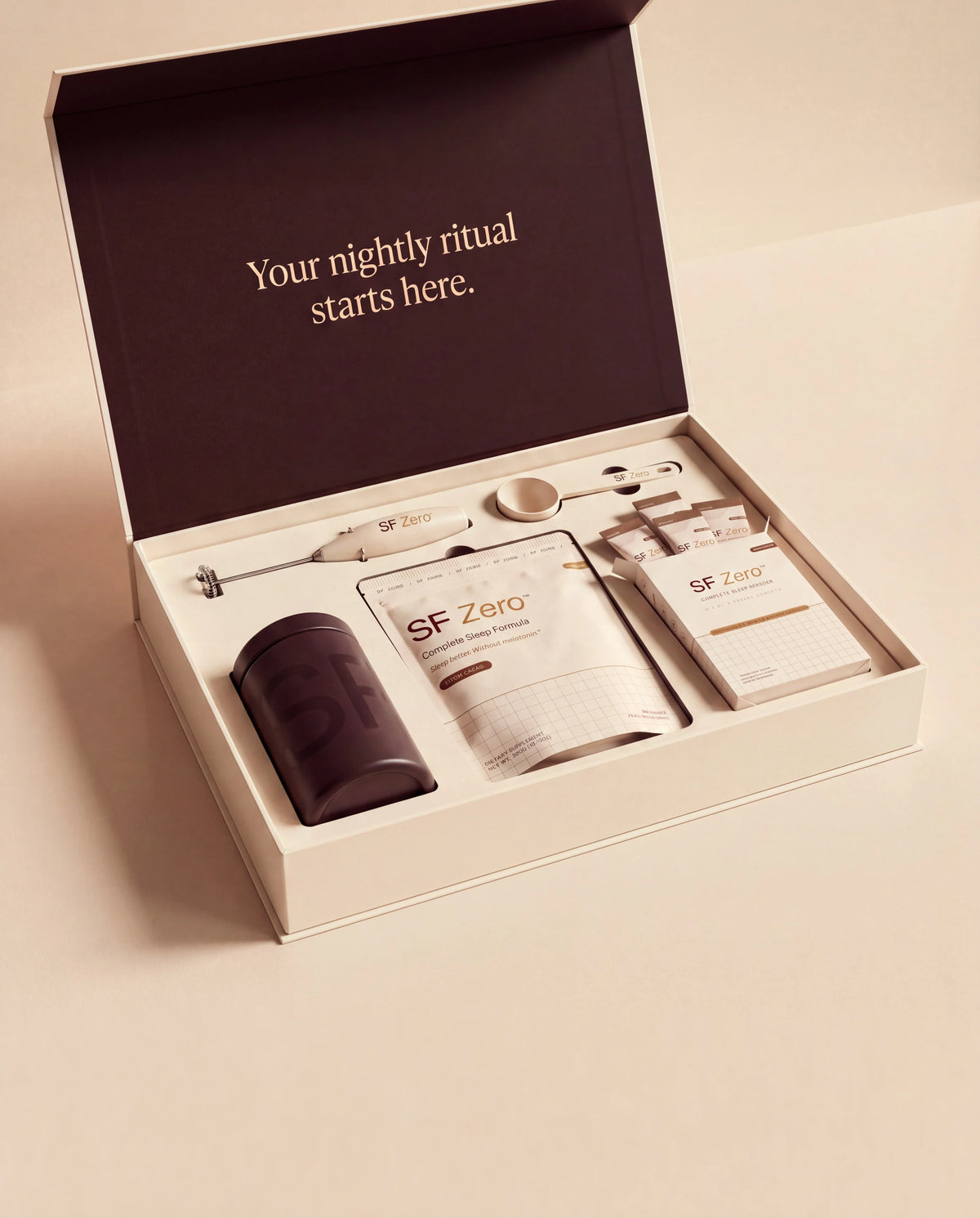 The SF Zero Complete Sleep Kit with pouch, canister, frother, scoop and travel sachets